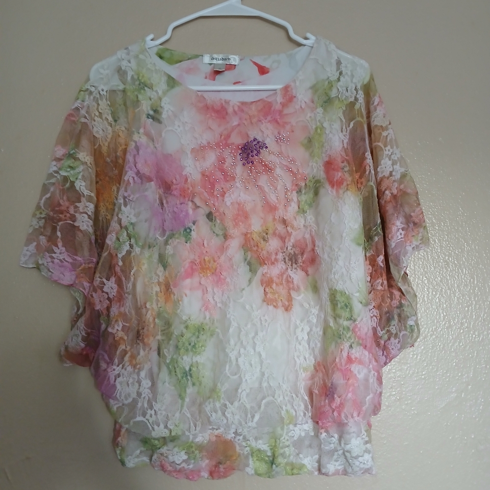 Dress Barn Top Womens Medium Floral Beaded Lace Mesh Floral Fairy‎ Y2k